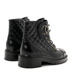 Chanel Shiny Calfskin Quilted Lace Up Combat Boots 39 Black