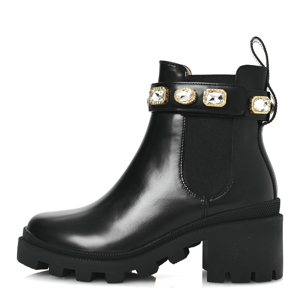 Gucci Calfskin Crystal GG Trip Chelsea Ankle Boots 35.5 Black