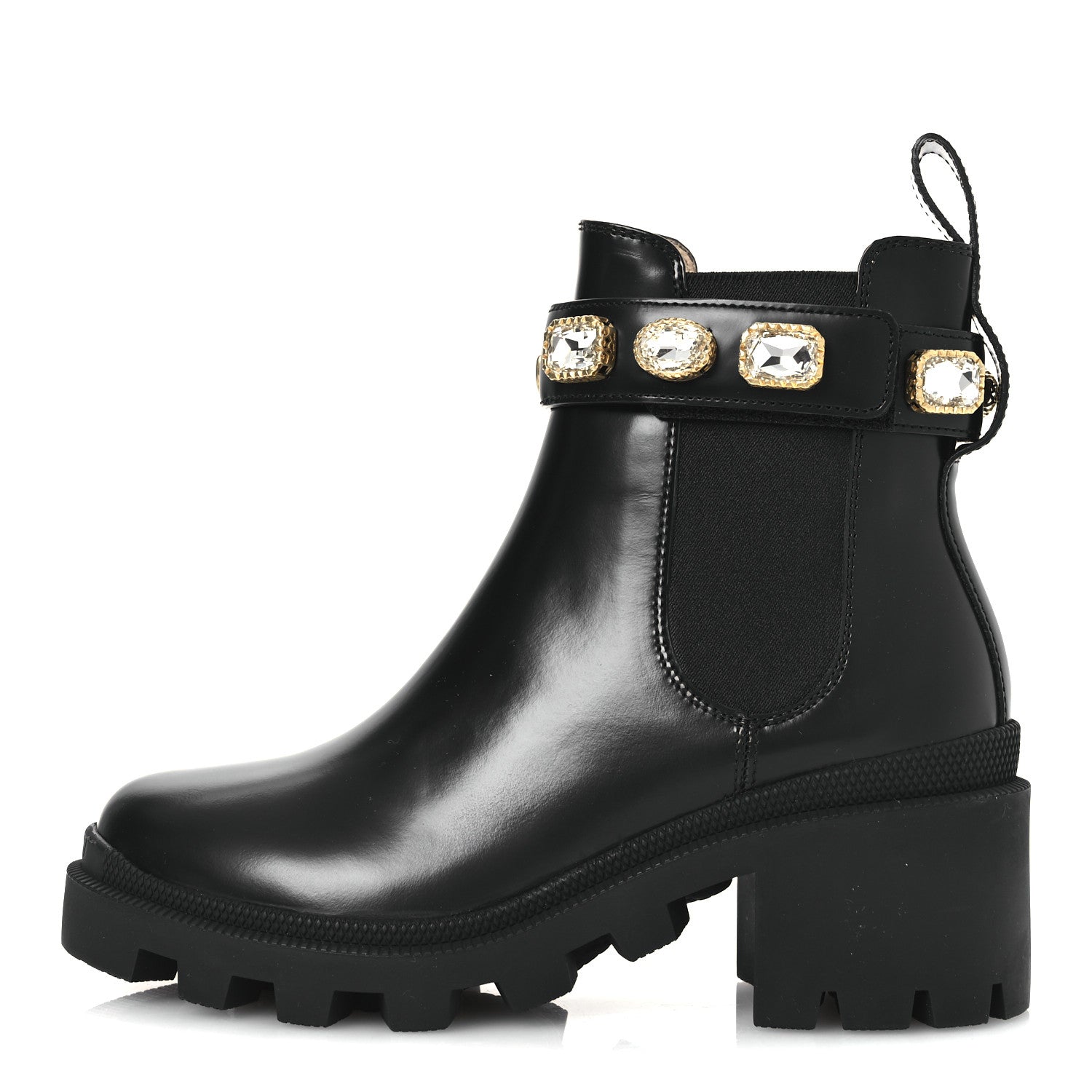 Gucci Calfskin Crystal GG Trip Chelsea Ankle Boots 35.5 Black