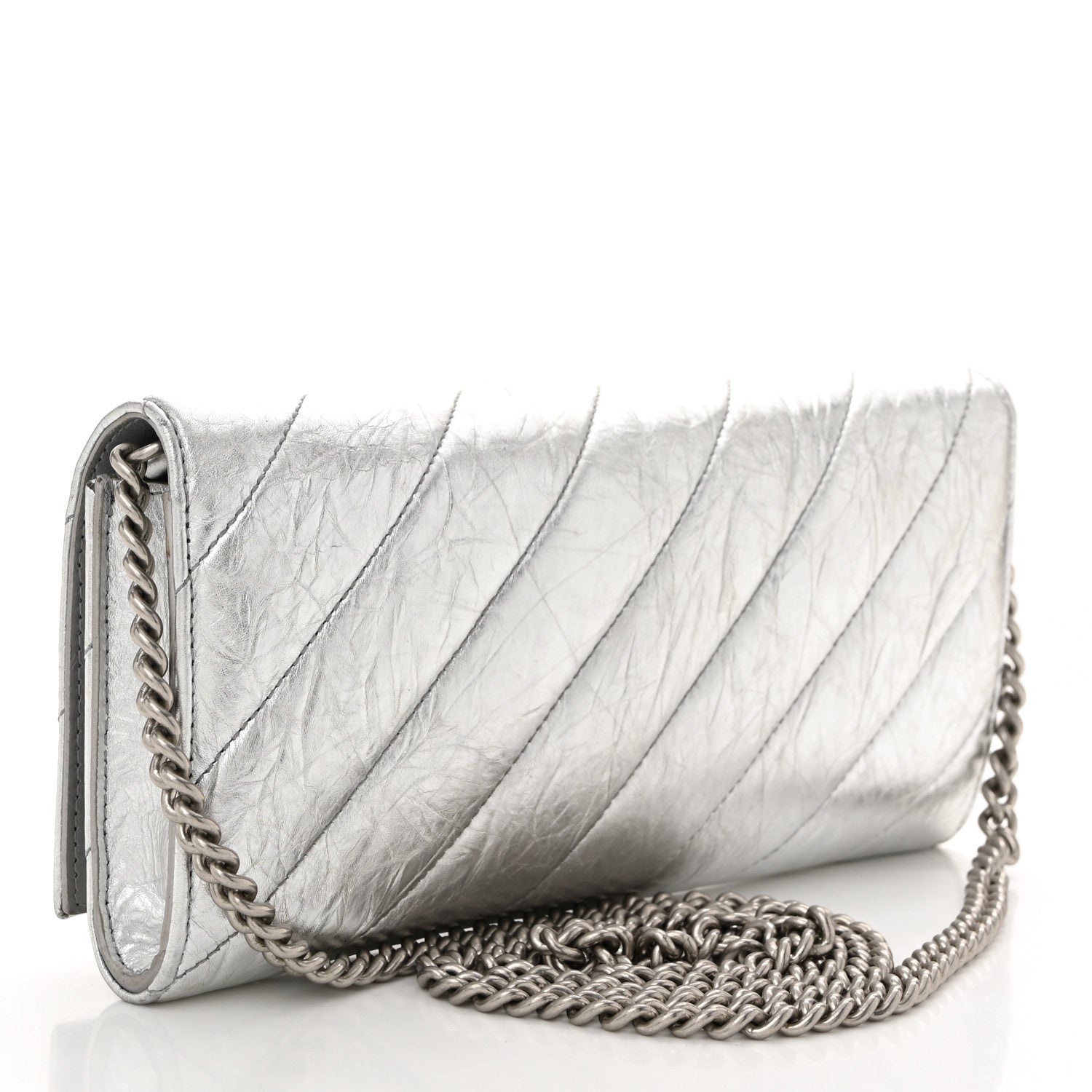 Balenciaga Metallic Calfskin Quilted Crush Wallet On Chain Silver