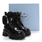 Prada Spazzolato Rois Re-Nylon Metal Triangle Logo Monolith Pouch Pocket 55mm Boots 35.5 Black