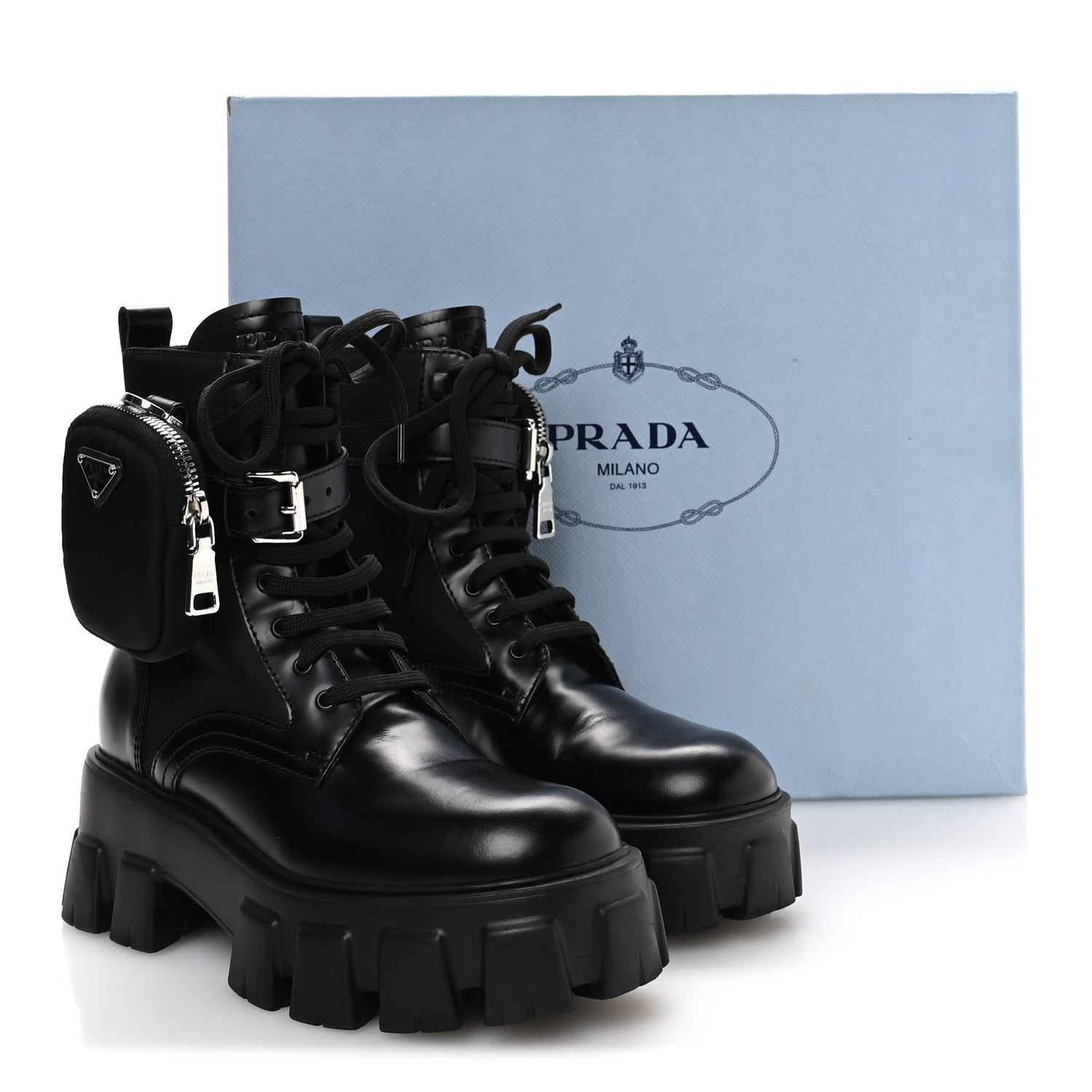Prada Spazzolato Rois Re-Nylon Metal Triangle Logo Monolith Pouch Pocket 55mm Boots 35.5 Black