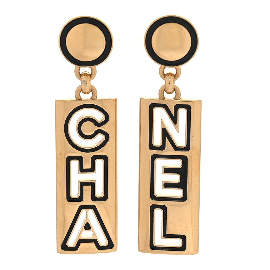 Chanel Metal Enamel Cha-Nel Logo Drop Earrings Gold Black