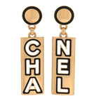 Chanel Metal Enamel Cha-Nel Logo Drop Earrings Gold Black