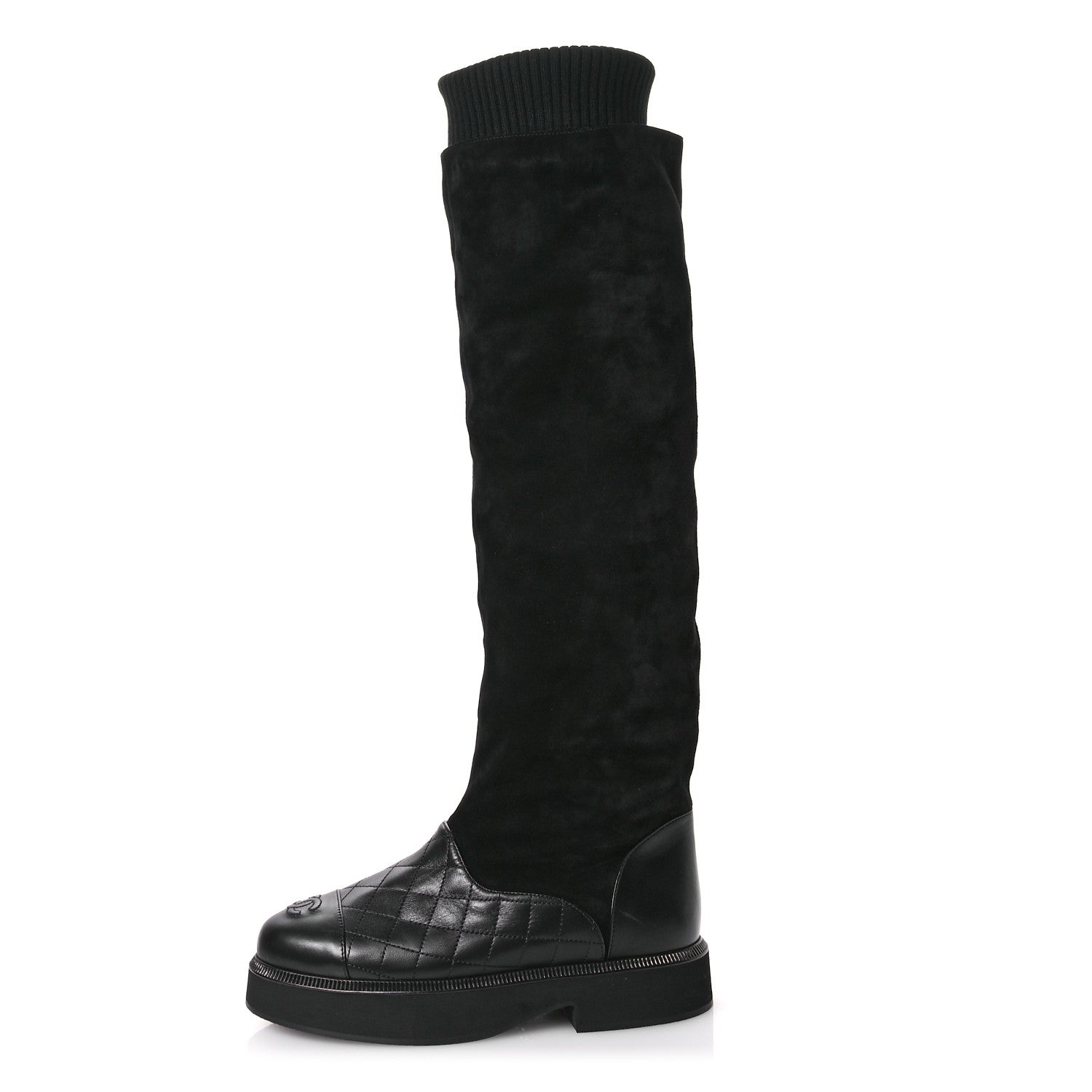 Chanel Suede Lambskin Calfskin Knit Womens High Boots 37 Black