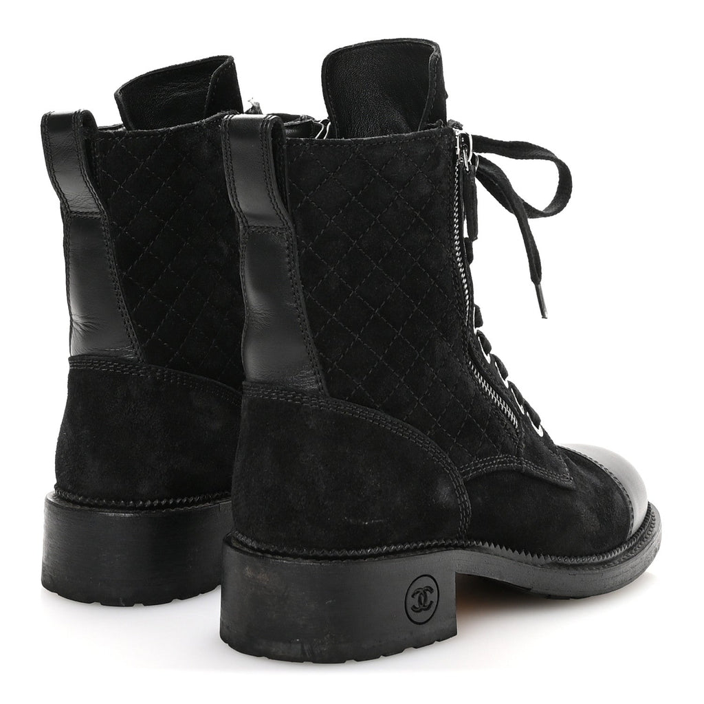 Chanel Suede Calfskin Quilted Lace Up Combat Boots 37 Black