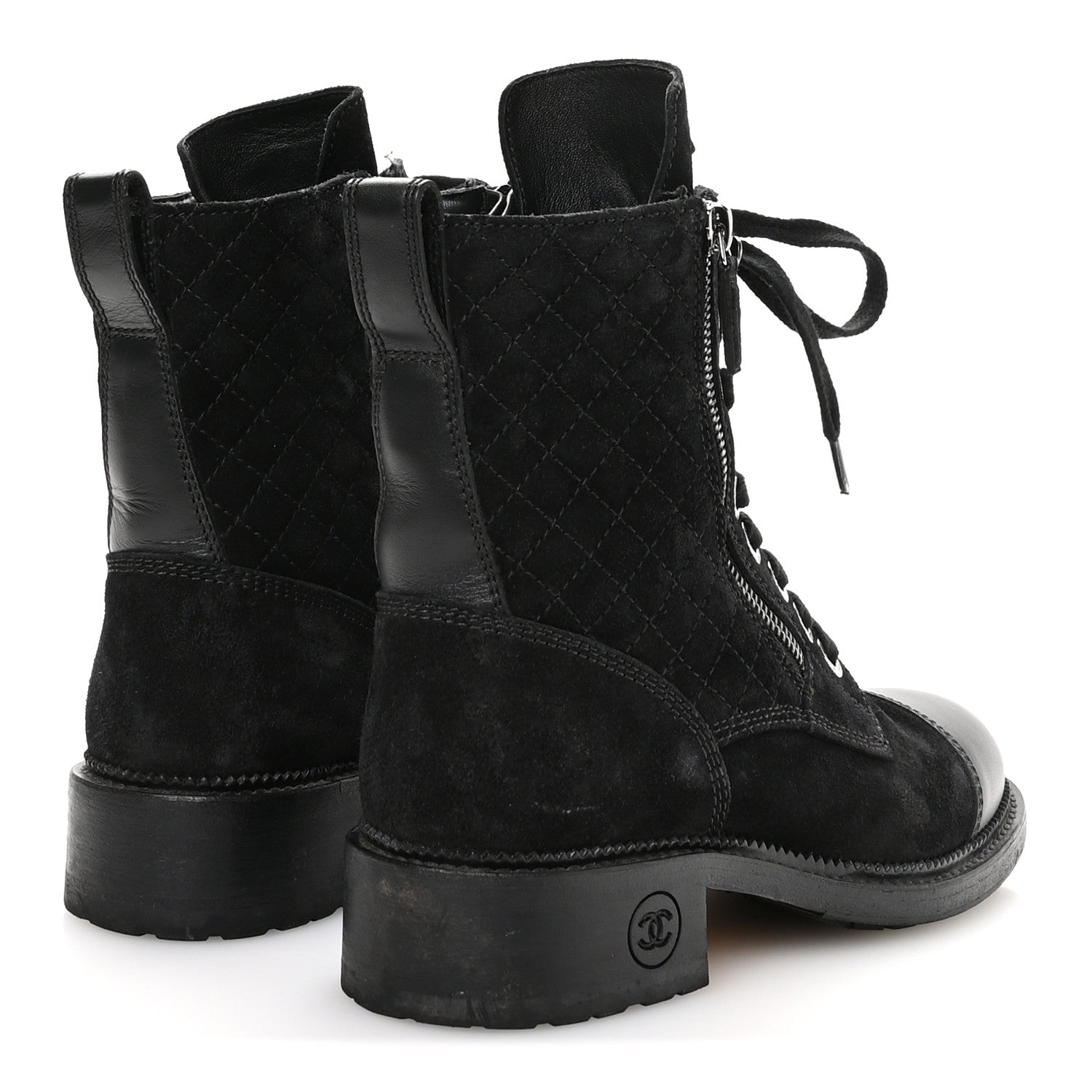Chanel Suede Calfskin Quilted Lace Up Combat Boots 37 Black