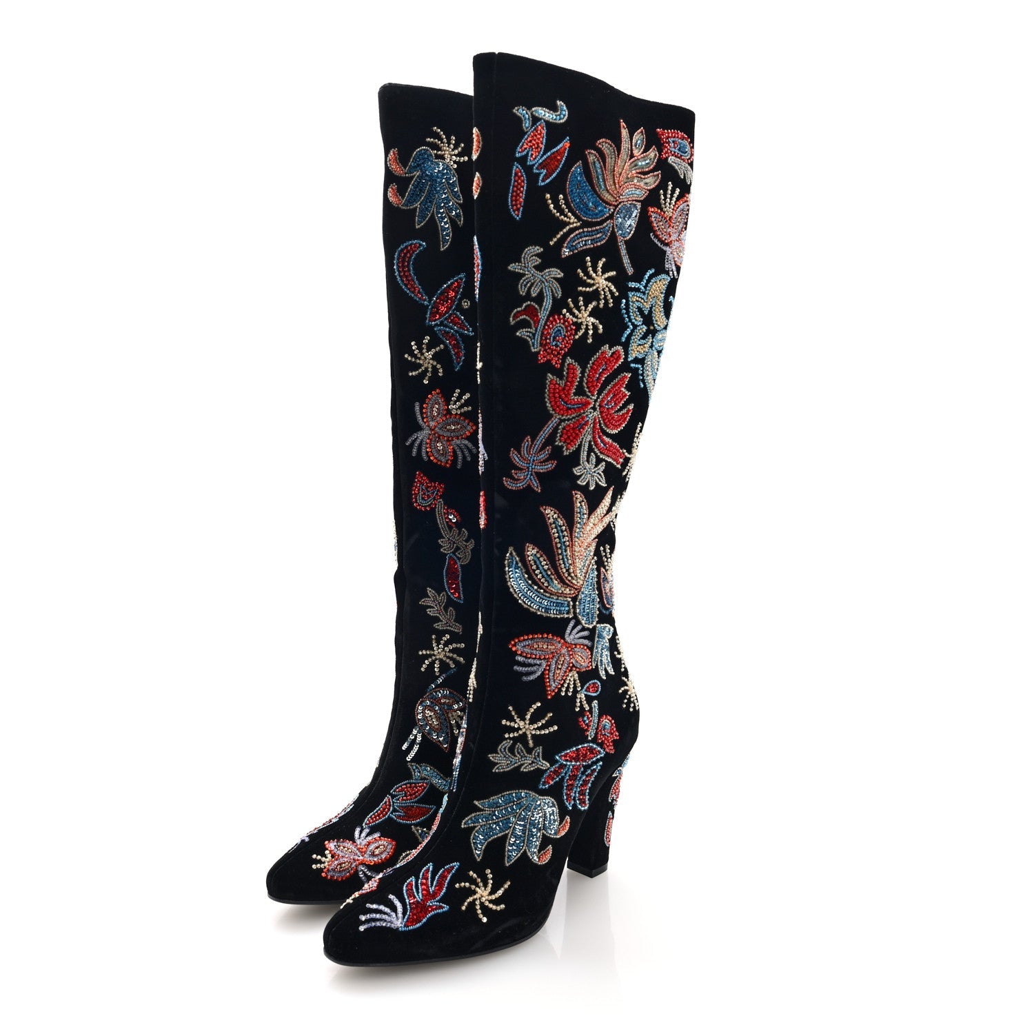 Saint Laurent Velvet Embroidered Claire Boots 36 Black