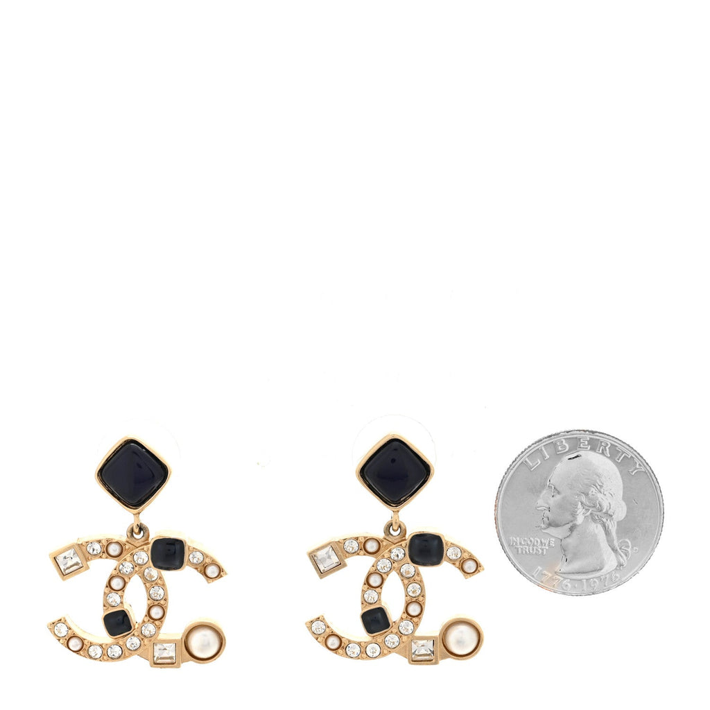 Chanel Resin Crystal Pearl CC Drop Earrings Gold Black