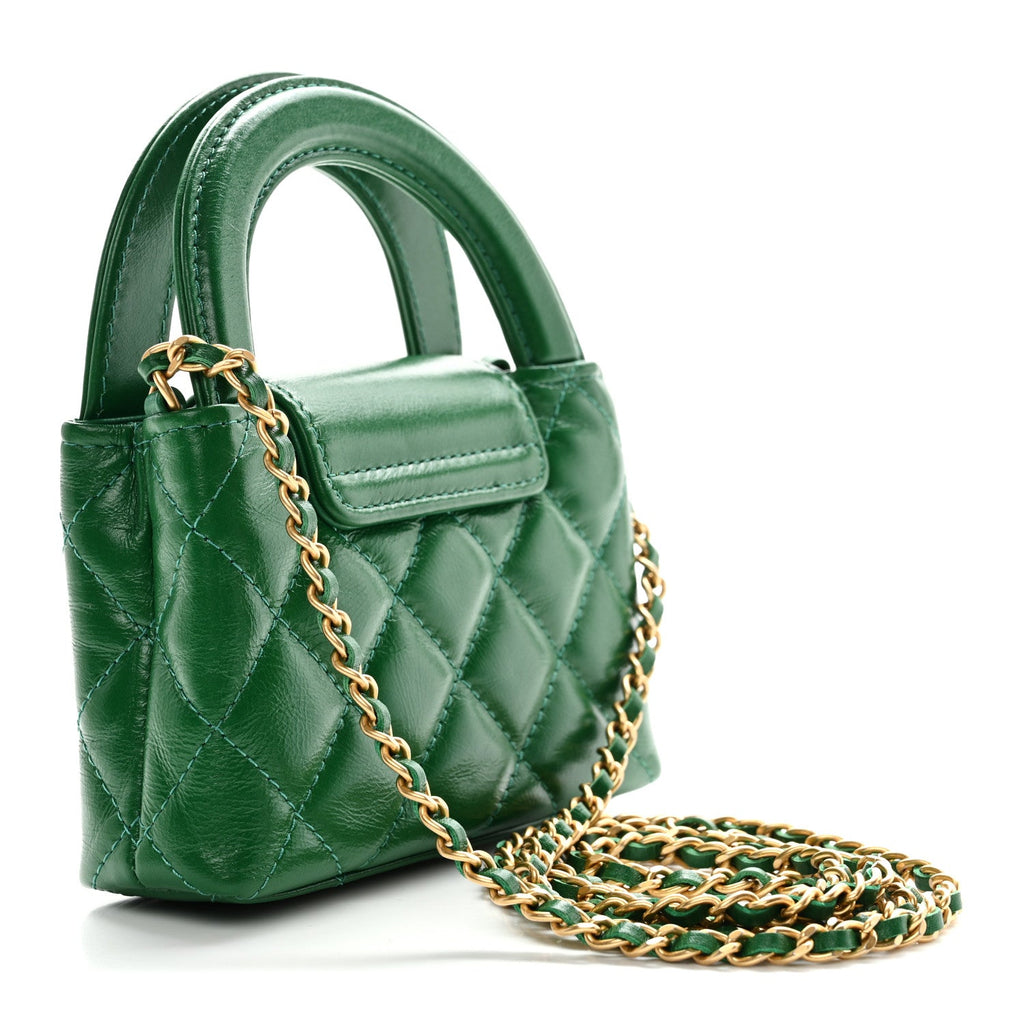 Chanel Shiny Aged Calfskin Quilted Mini Nano Kelly Shopper Green