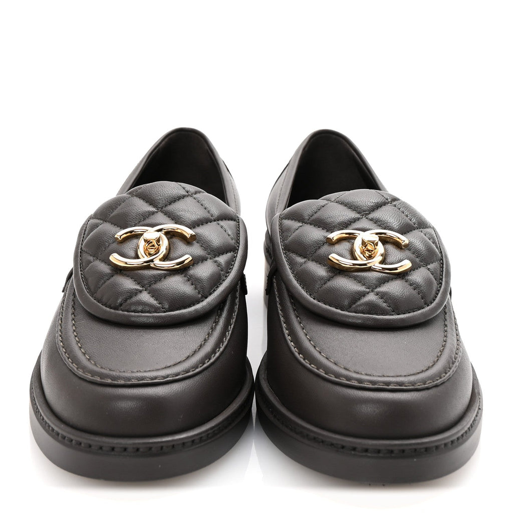 Chanel Lambskin Quilted CC Turnlock Loafers 38.5 Dark Brown