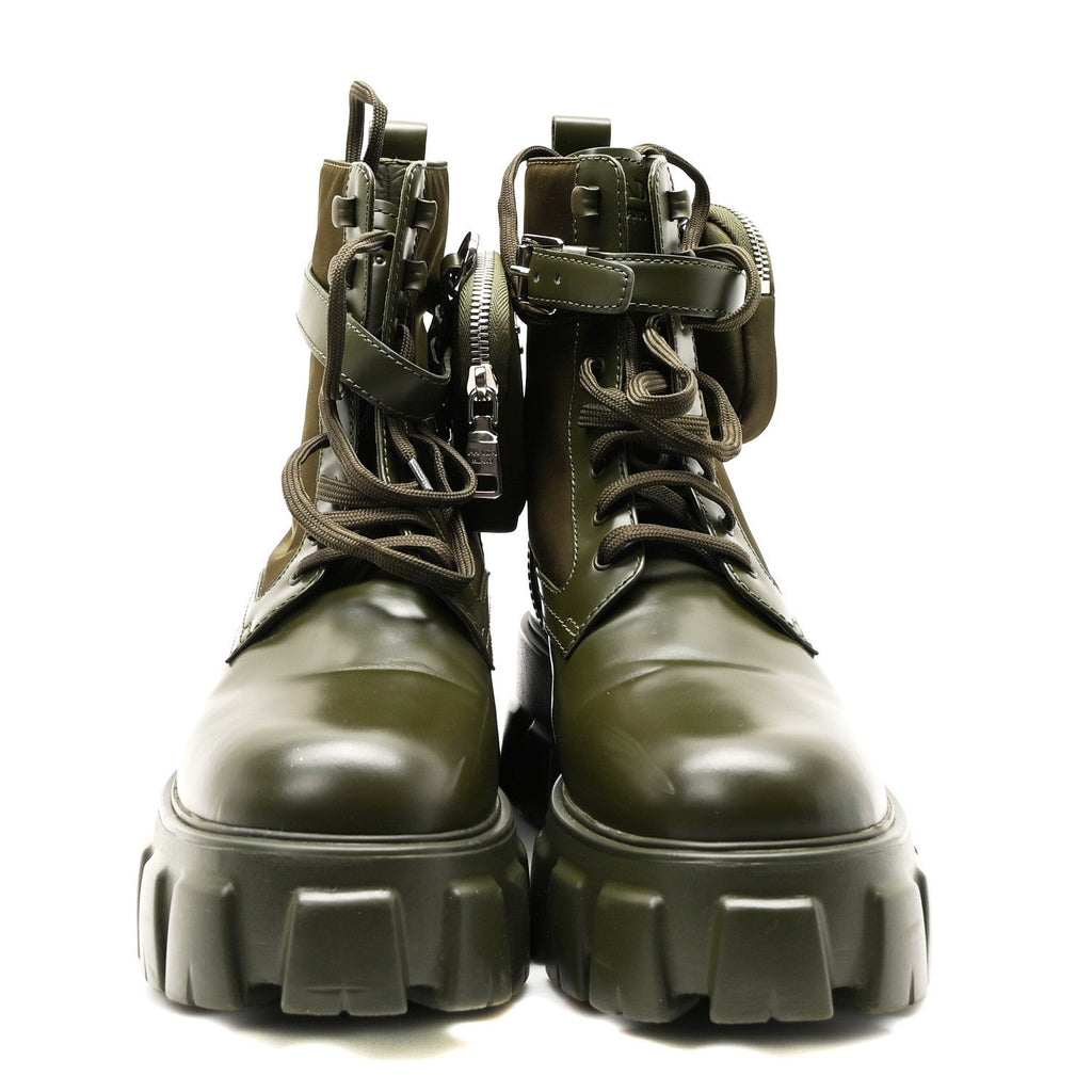 Prada Spazzolato Rois Re-Nylon Metal Triangle Logo Monolith Pouch Pocket 55mm Boots 41 Militare