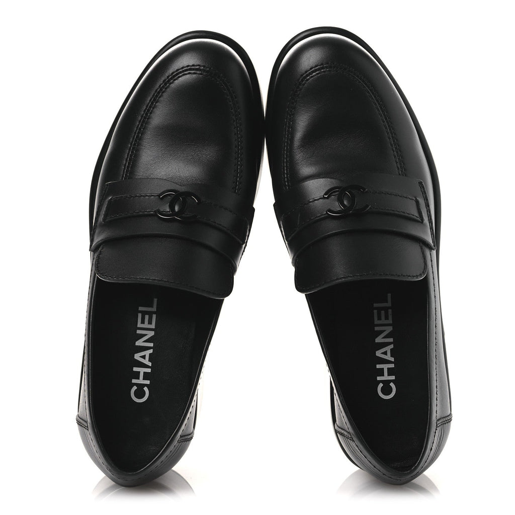 Chanel Calfskin CC Platform Loafers 38 Black
