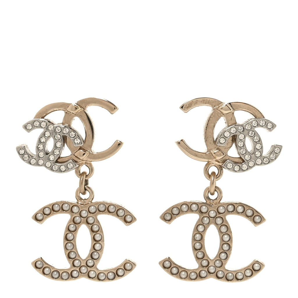 Chanel Crystal Pearl Double CC Drop Earrings Gold Silver