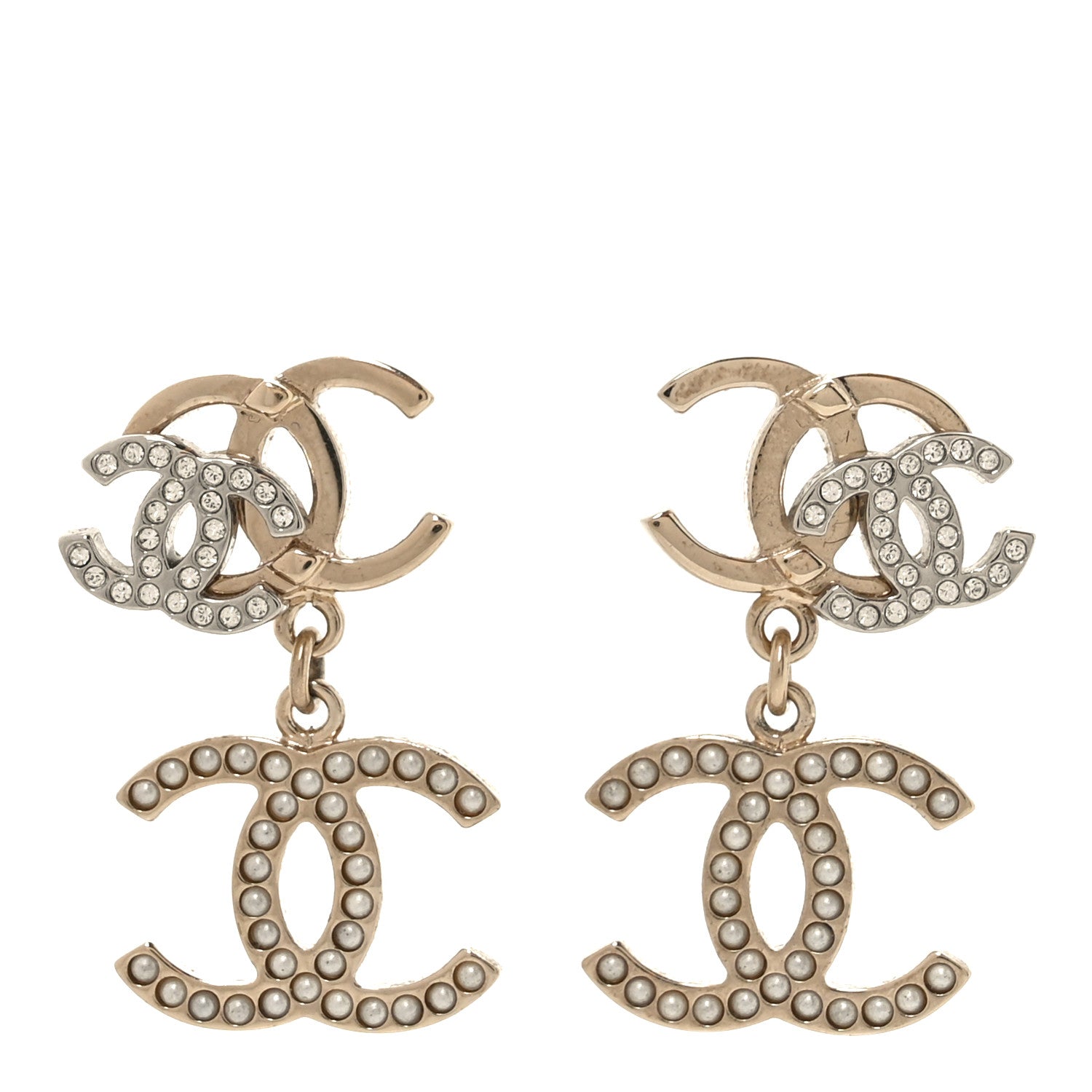 Chanel Crystal Pearl Double CC Drop Earrings Gold Silver