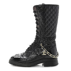 Chanel Shiny Calfskin Patent Quilted Chain Lace Up Combat Long Boots 38.5 Black