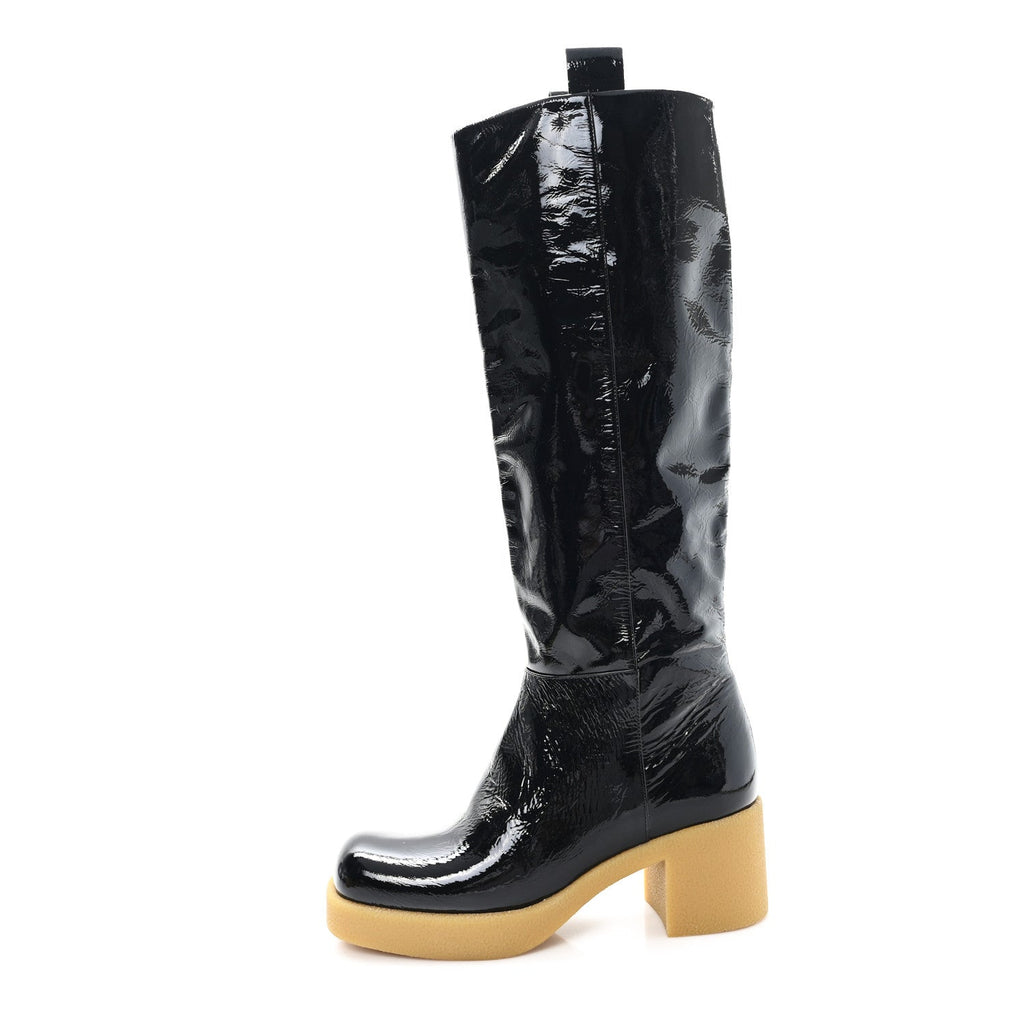 Miu Miu Crinkled Patent Calfskin Knee High Boots 37.5 Black