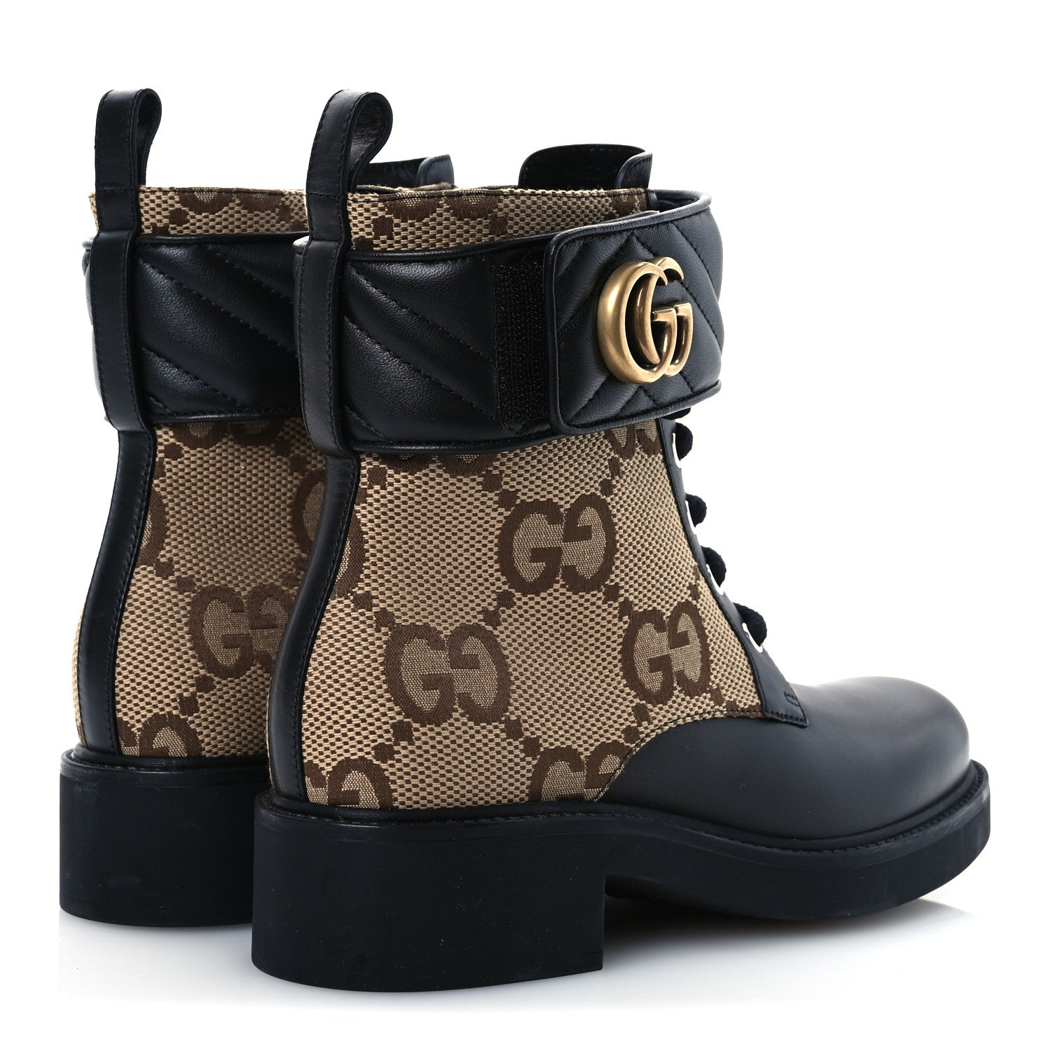 Gucci Flores Calfskin Monogram Maxi GG Nappa Matelasse Double G 40mm Ankle Boots 37 Black Camel Ebony