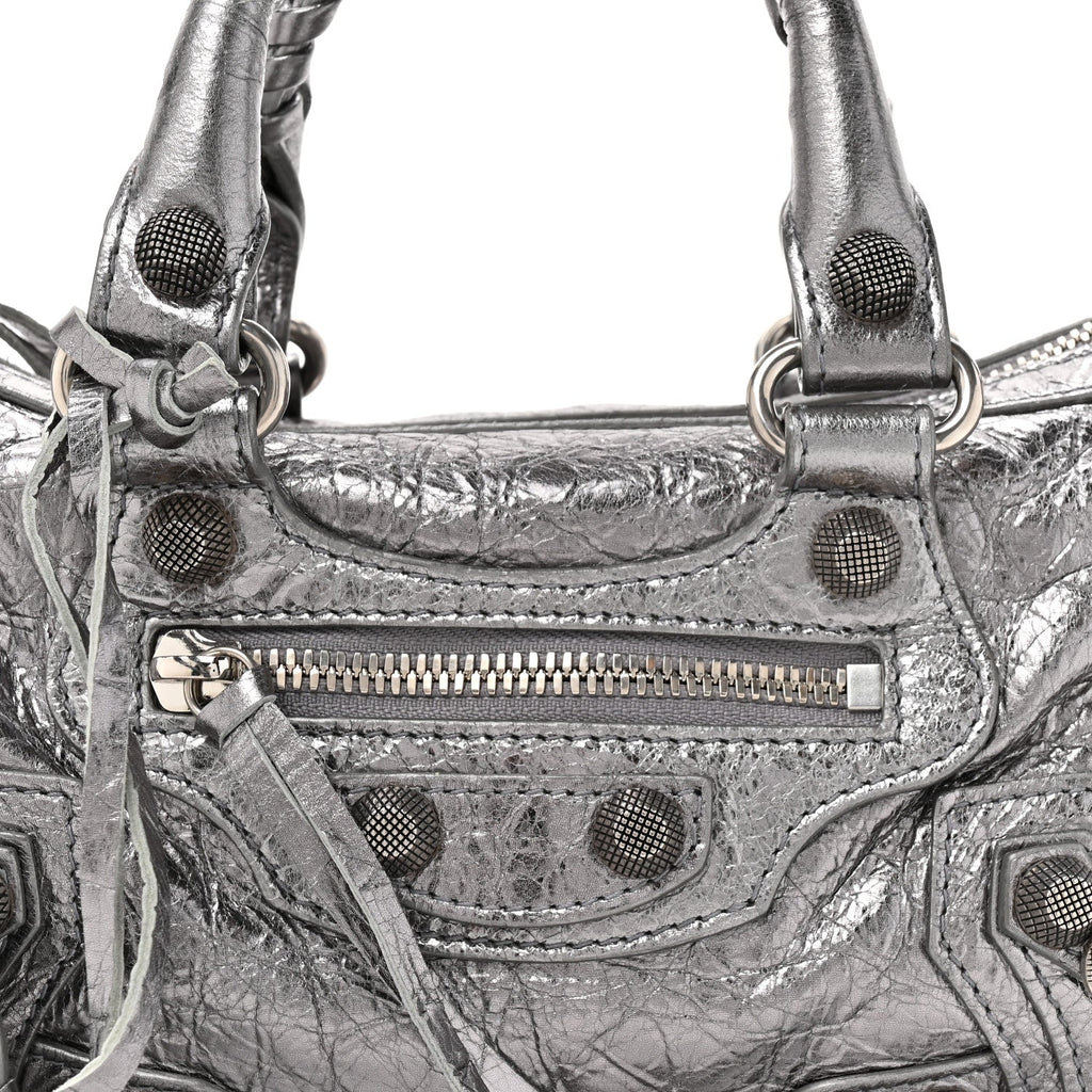 Balenciaga Metallic Agneau Arena Mini Le Cagole Duffle Crossbody Bag Silver