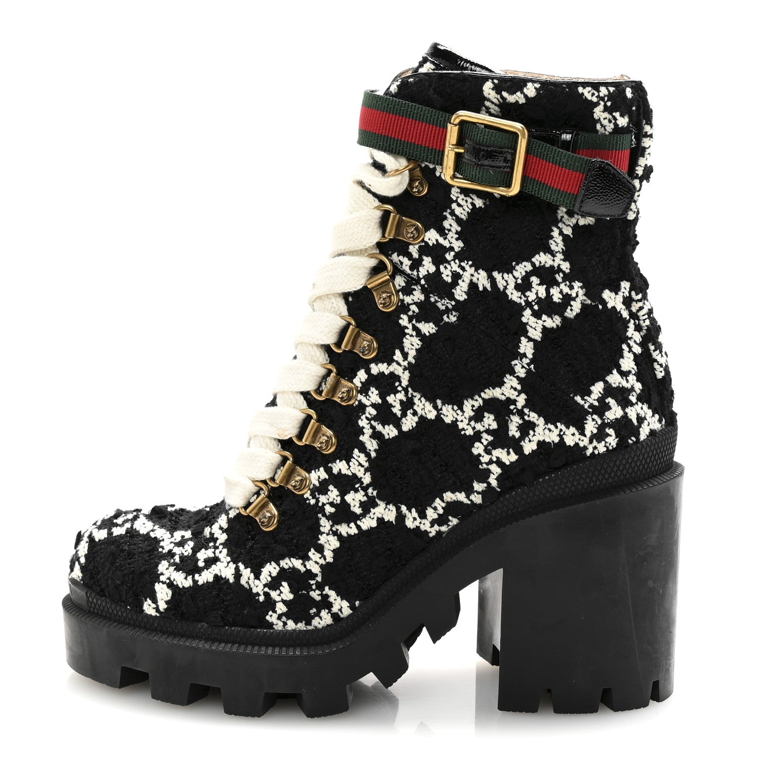 Gucci Tweed GG Monogram Lace Up Combat Ankle Boots 35.5 Black