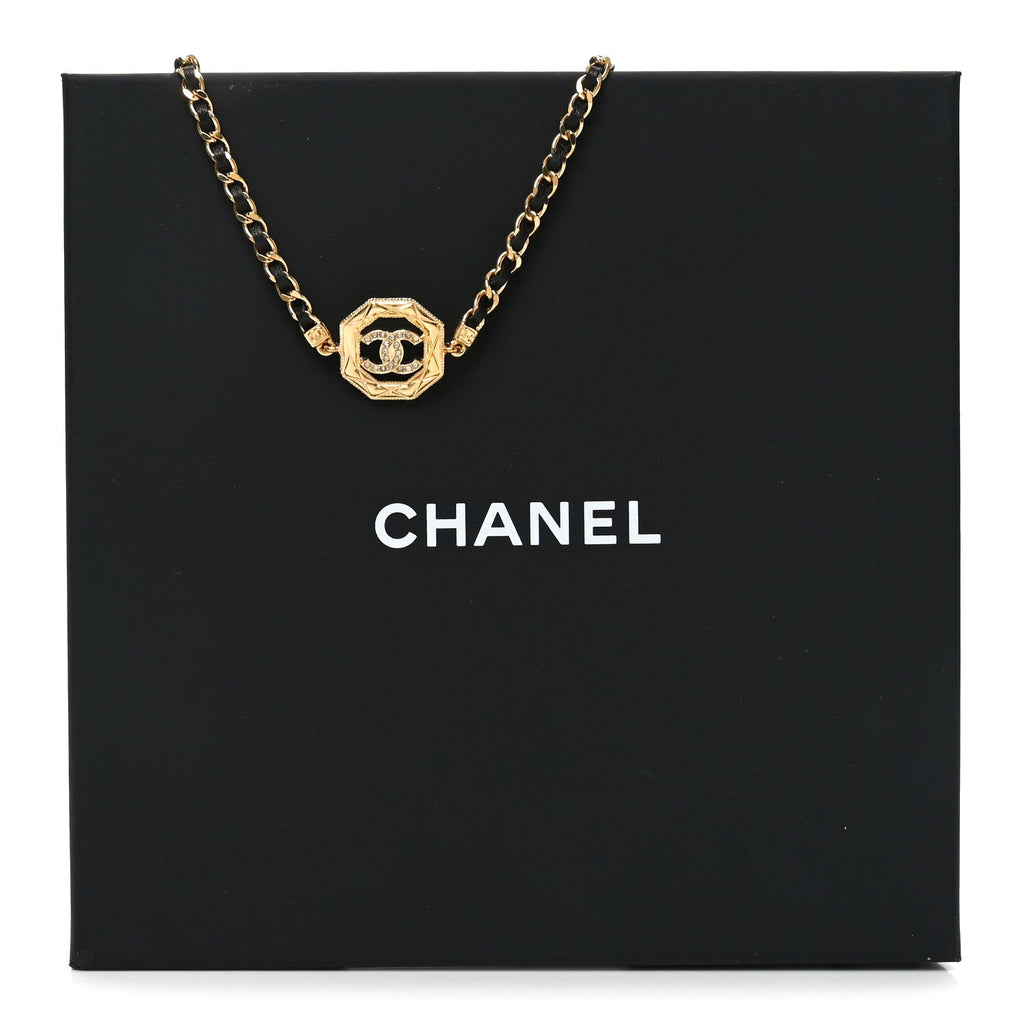 Chanel Metal Calfskin Crystal Chain CC Choker Necklace Black Gold