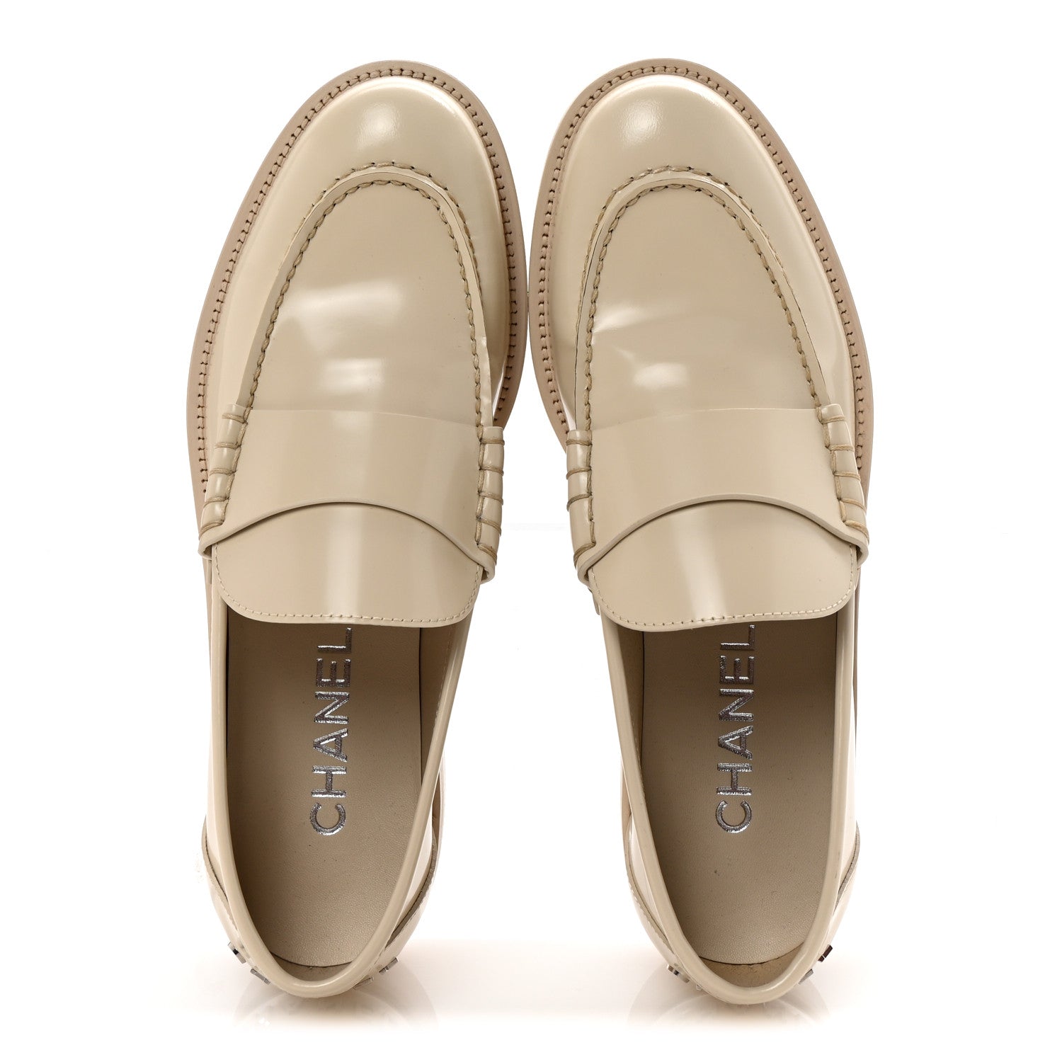 Chanel Shiny Calfskin Logo Loafers 38.5 Light Beige