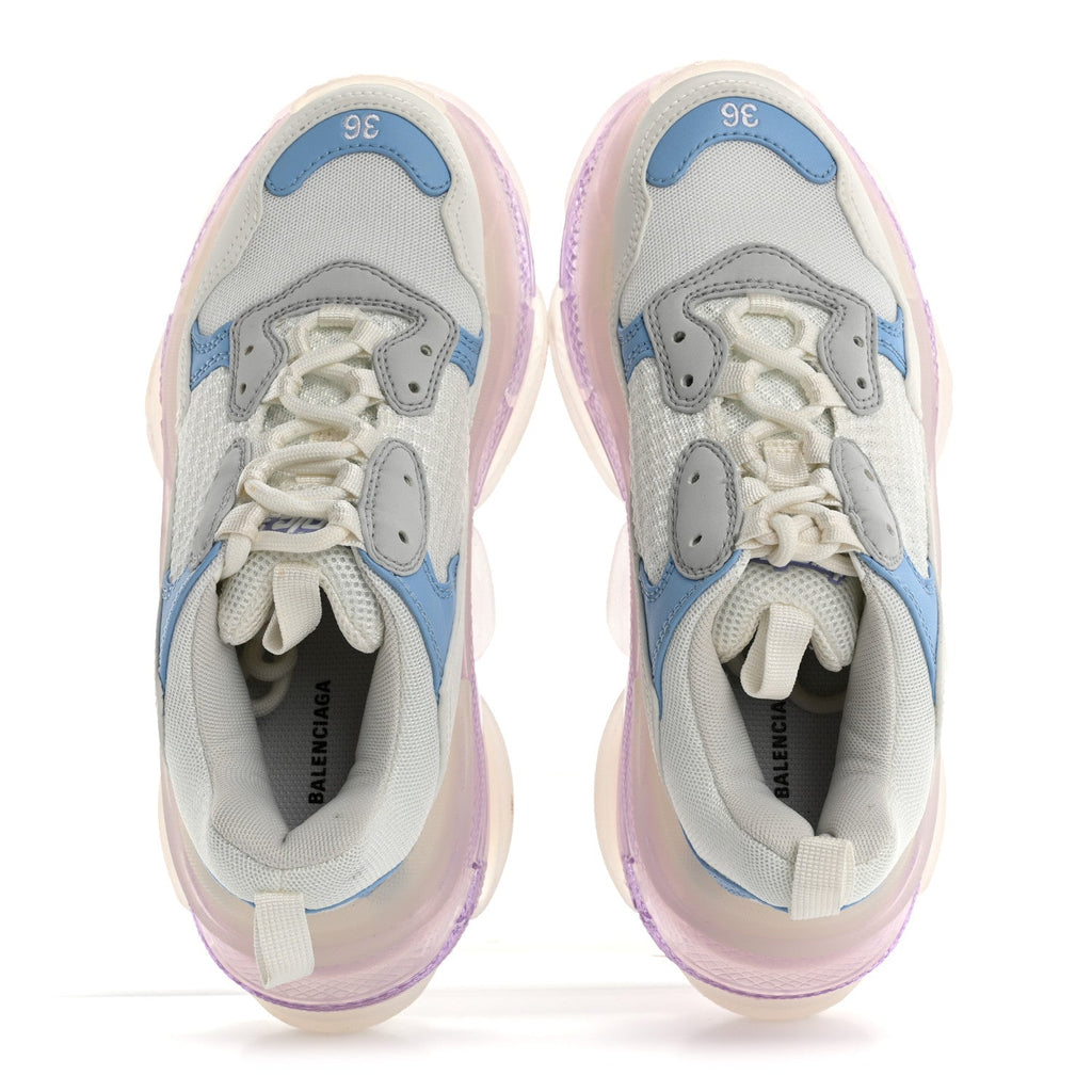 Balenciaga Fabric Mesh Clear Sole Womens Triple S Sneakers 36 Light Blue Grey Lilac White
