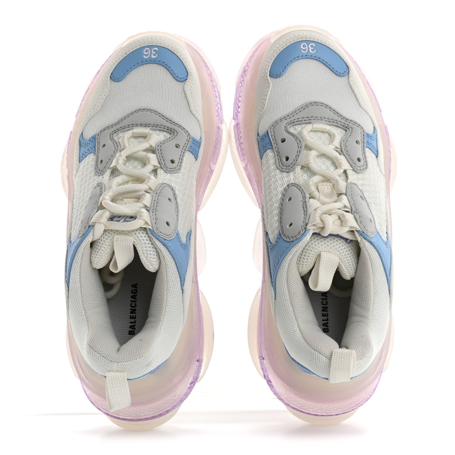 Balenciaga Fabric Mesh Clear Sole Womens Triple S Sneakers 36 Light Blue Grey Lilac White