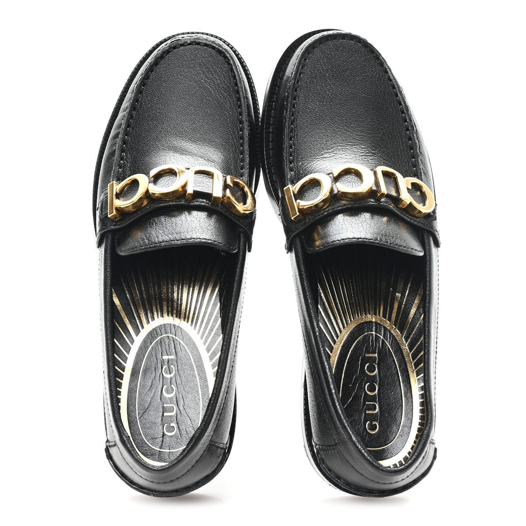 Gucci Goatskin Womens Logo 15mm Loafers 35.5 Black