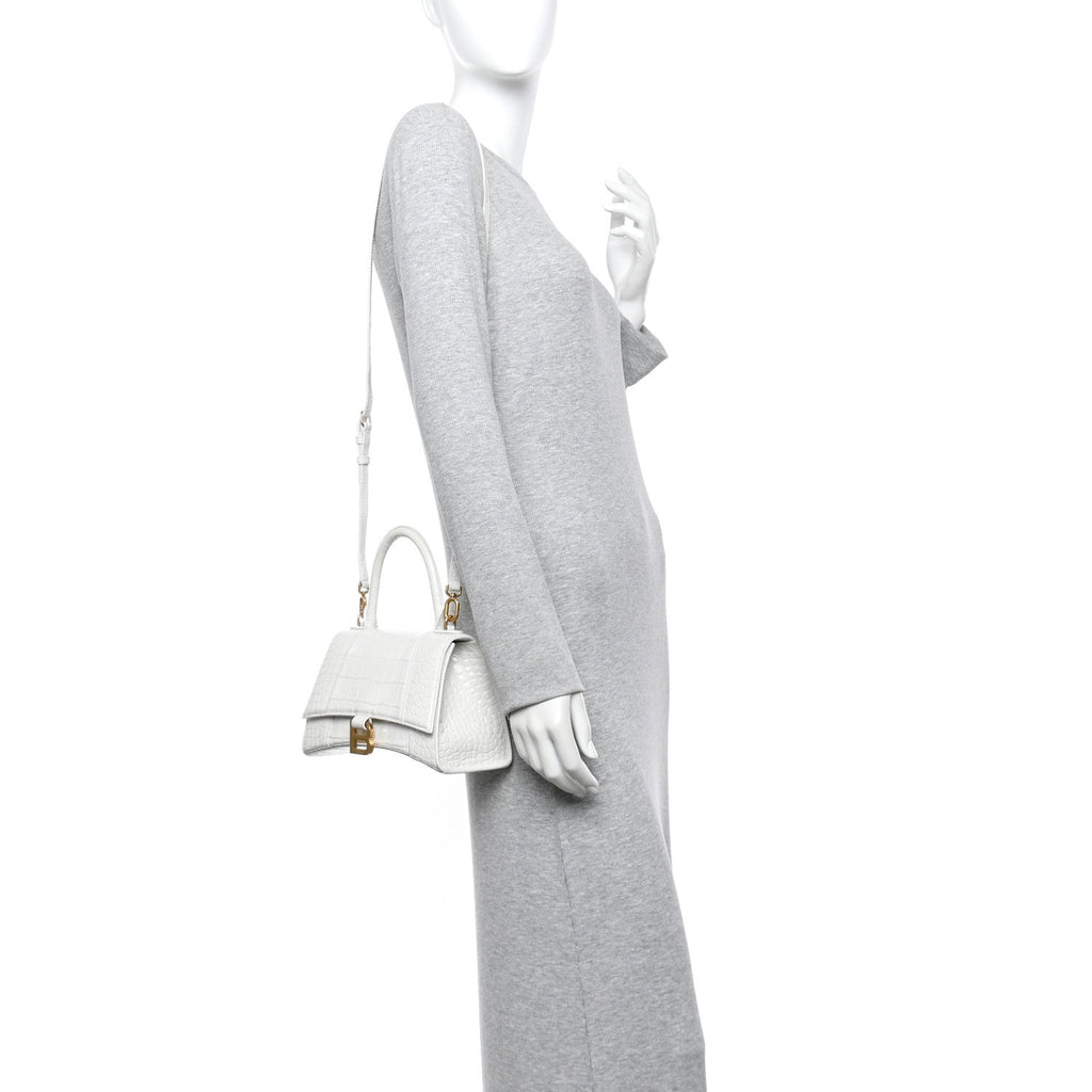 Balenciaga Calfskin Crocodile Embossed Small Hourglass Top Handle Bag White