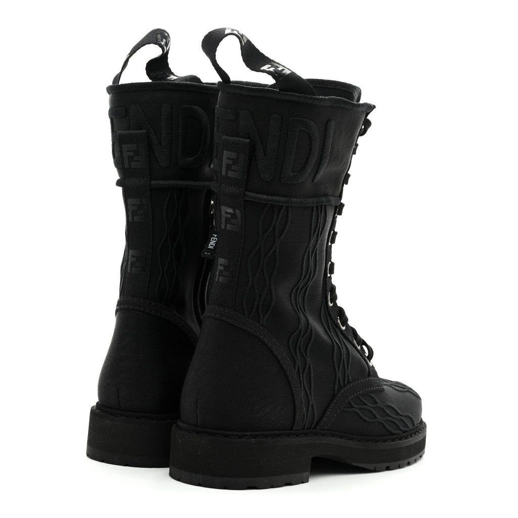 Fendi Mesh Canvas Embroidered Womens Lace Up Boots 36 Black