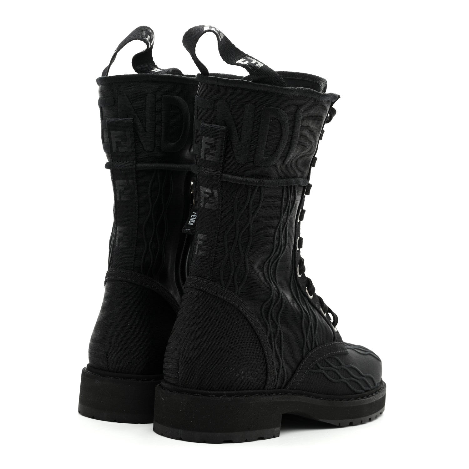 Fendi Mesh Canvas Embroidered Womens Lace Up Boots 36 Black
