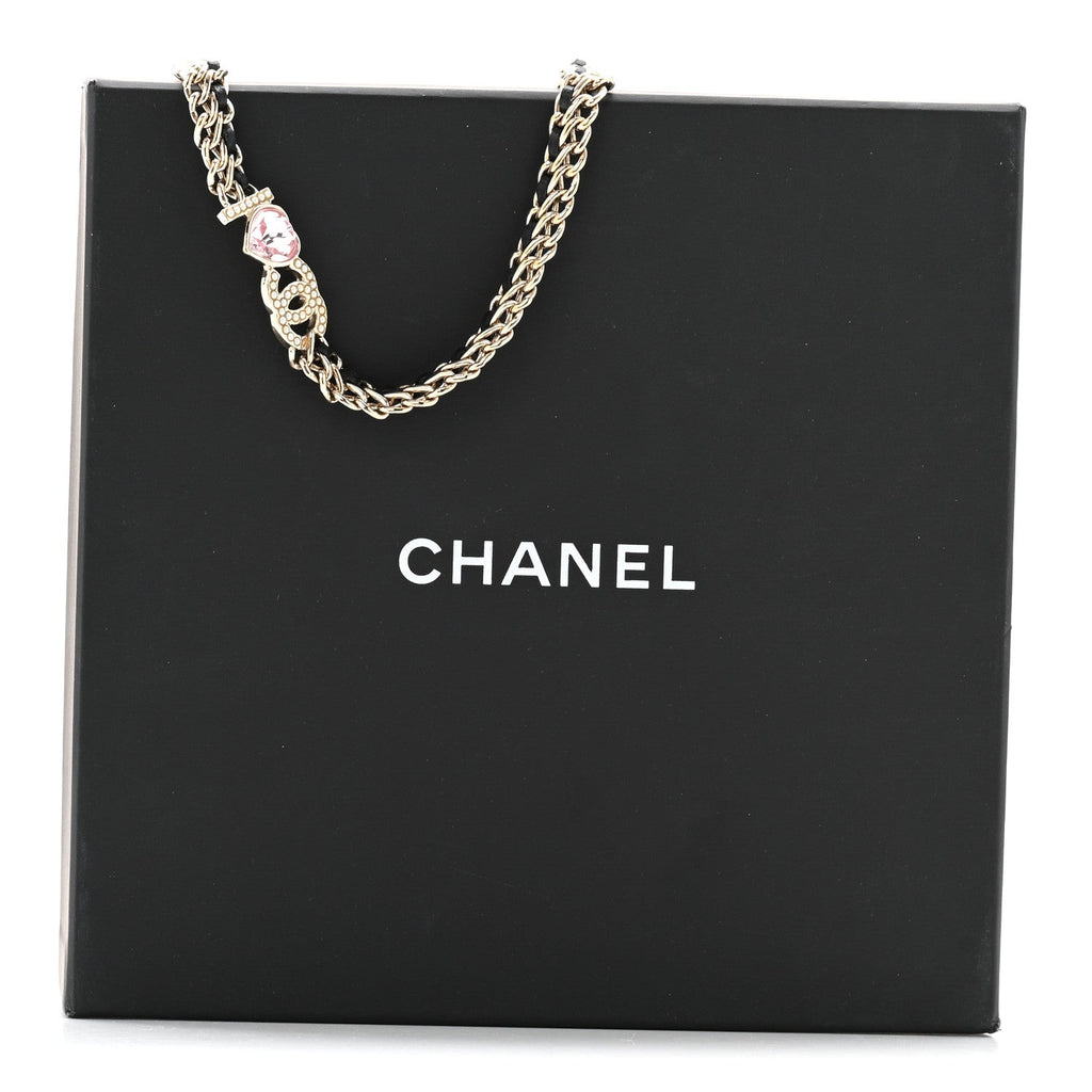 Chanel Metal Lambskin Crystal I Heart CC Choker Necklace Gold Black
