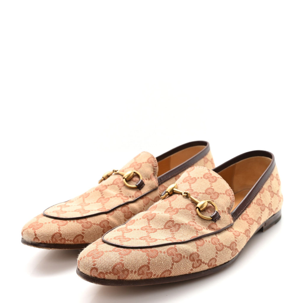 Gucci Canvas GG Monogram Horsebit Mens Jordaan Loafers 9.5 Beige Ruggine Light Brown