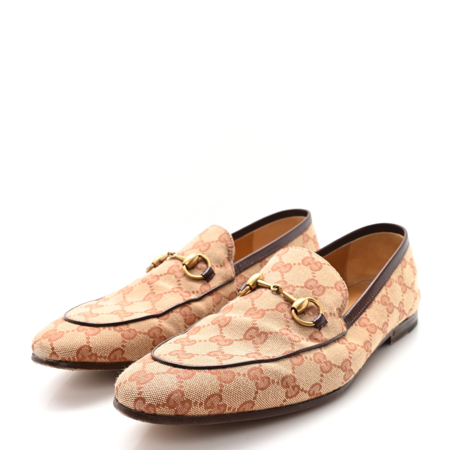 Gucci Canvas GG Monogram Horsebit Mens Jordaan Loafers 9.5 Beige Ruggine Light Brown