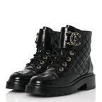 Chanel Shiny Calfskin Quilted Lace Up Combat Boots 37 Black