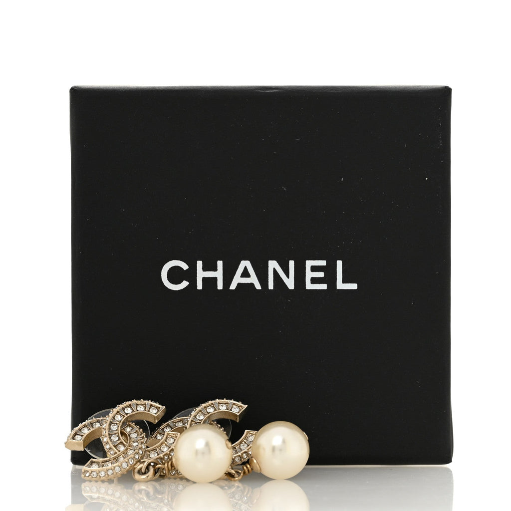 Chanel Crystal Timeless CC Pearl Drop Earrings Light Gold