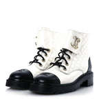 Chanel Shiny Goatskin Calfskin Quilted Lace Up Combat Boots 41.5 White Black
