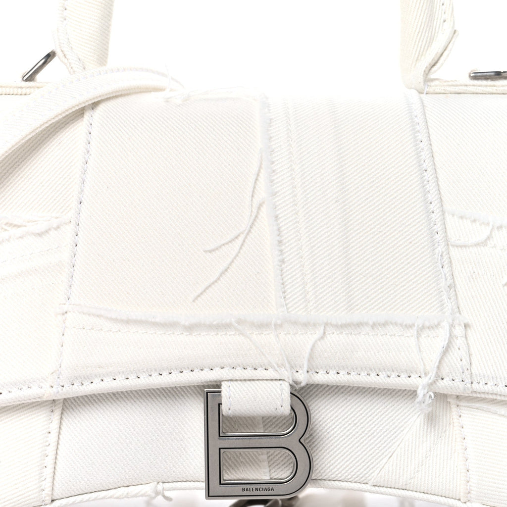 Balenciaga Denim Patchwork Small Hourglass Top Handle Bag White