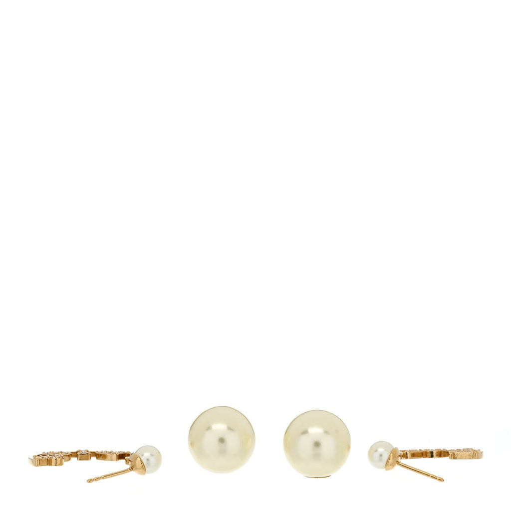 Christian Dior Metal Pearl Crystal Logo Tribales Earrings Gold