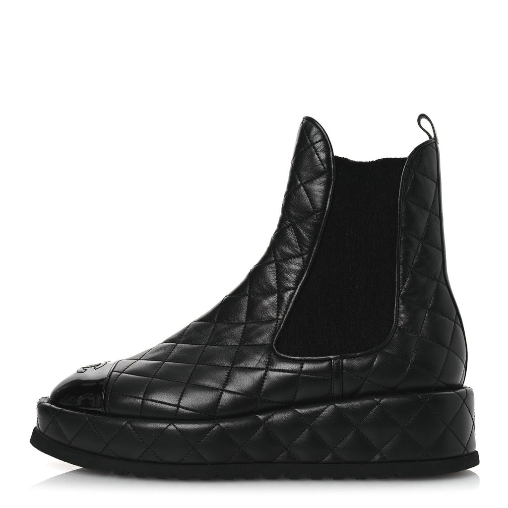 Chanel Lambskin Patent CC Cap Toe Quilted Short Platform Boots 39.5 Black