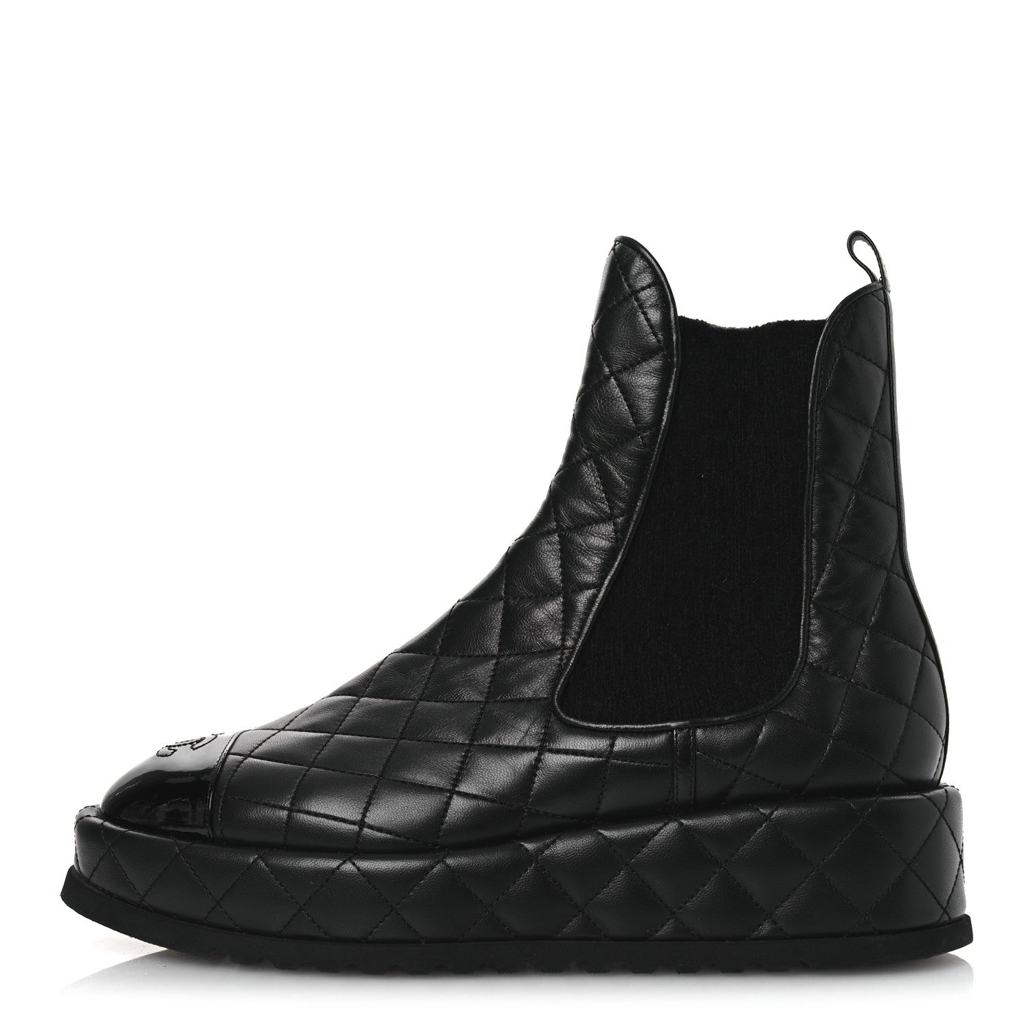 Chanel Lambskin Patent CC Cap Toe Quilted Short Platform Boots 39.5 Black