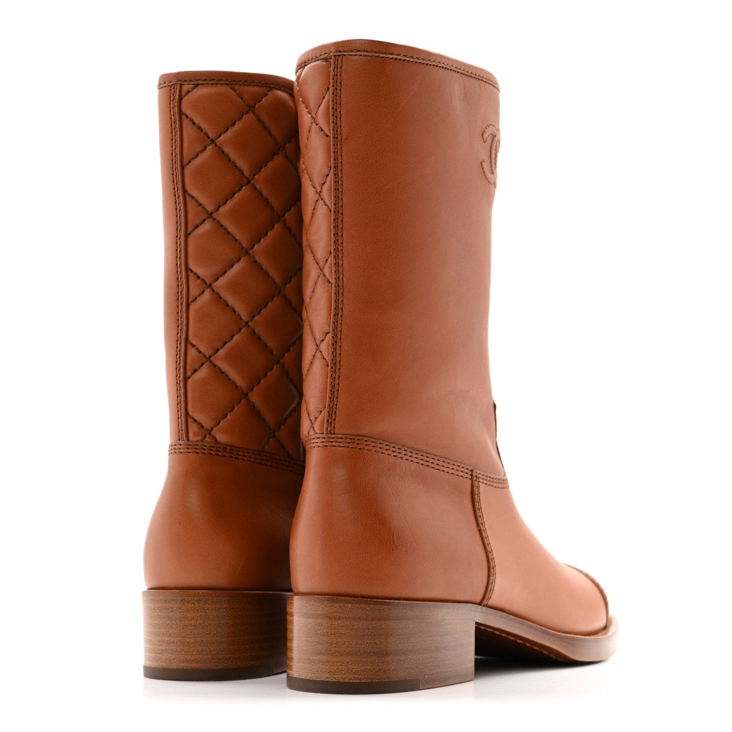 Chanel Calfskin CC Logo Mid Calf Boots 37 Caramel