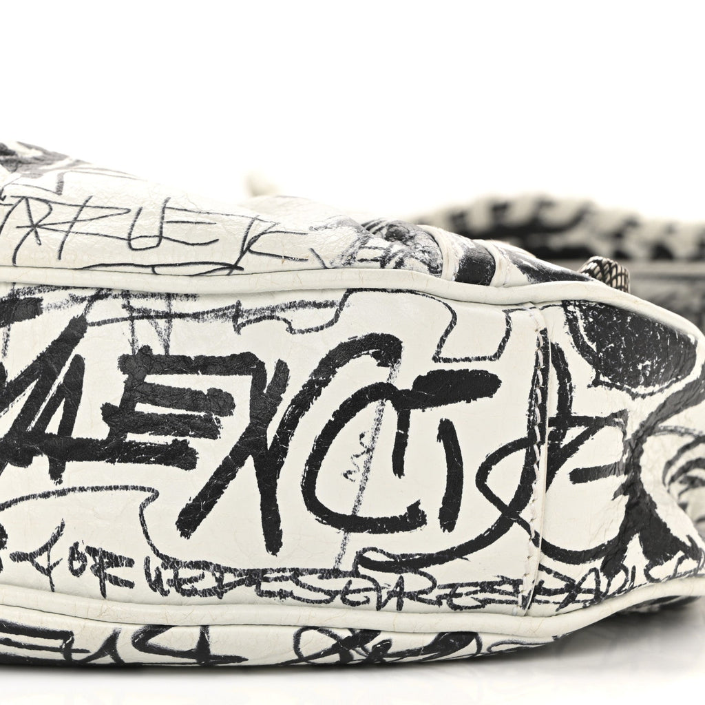 Balenciaga Agneau Arena Graffiti Le Cagole Shoulder Bag XS White Black