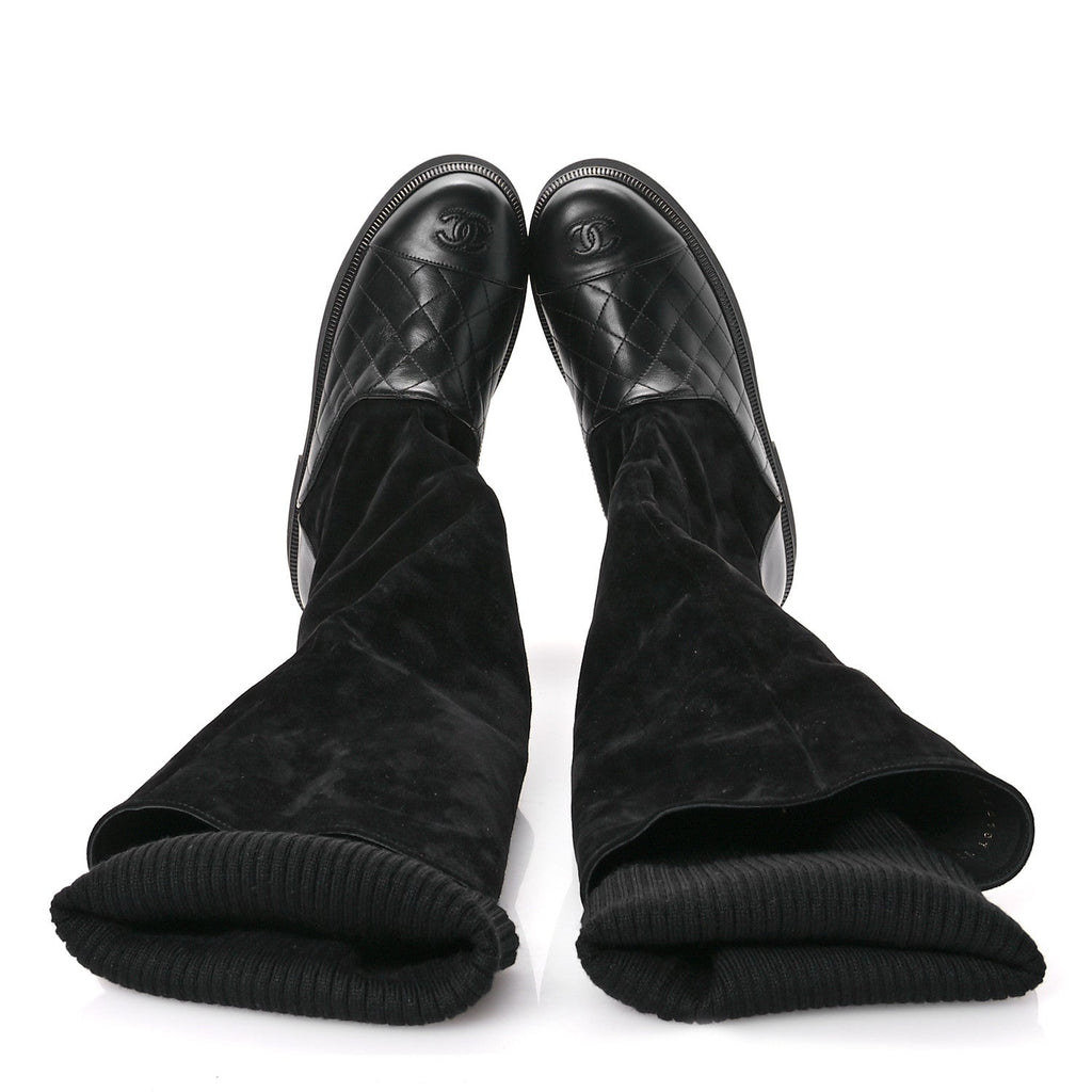 Chanel Suede Lambskin Calfskin Knit Womens High Boots 37 Black