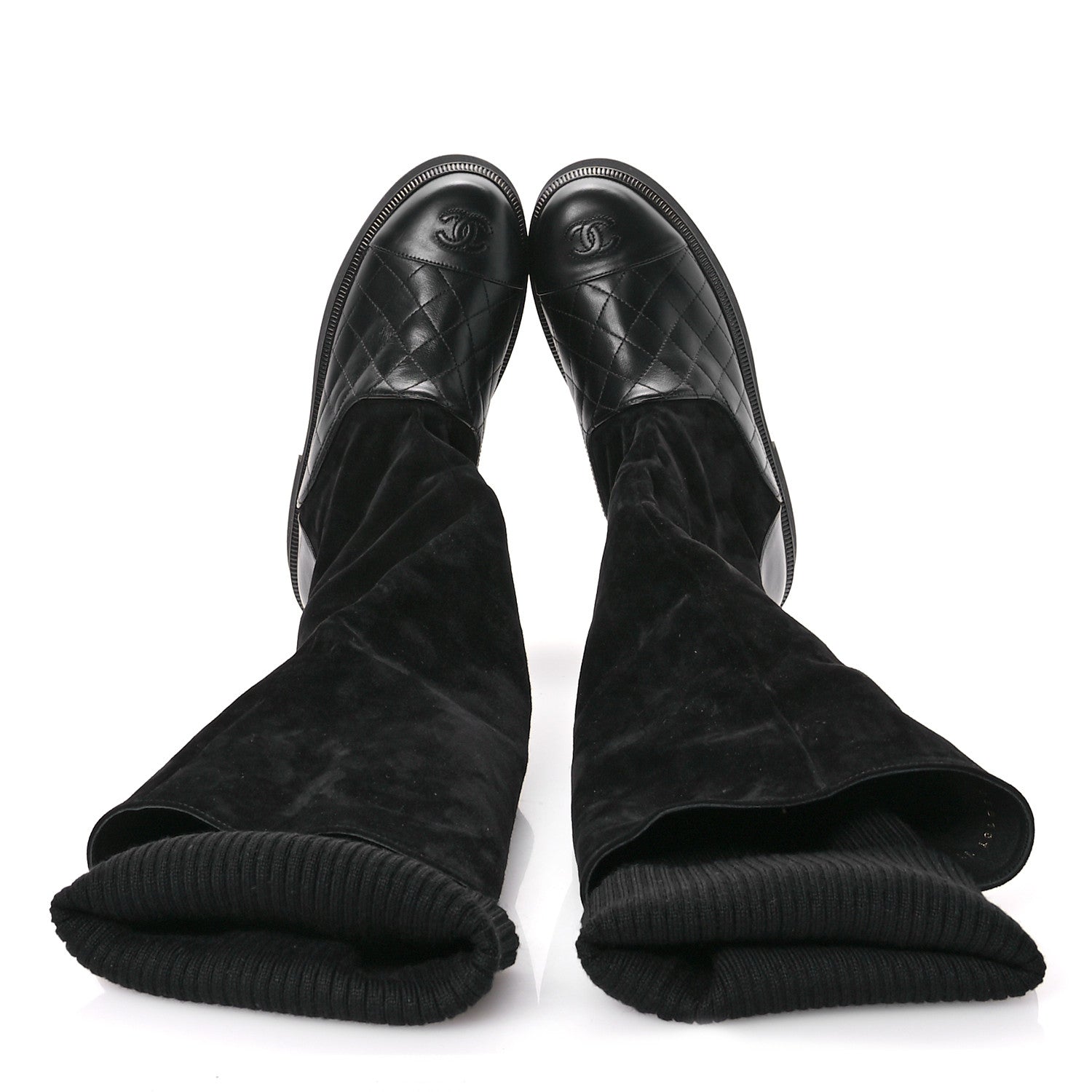 Chanel Suede Lambskin Calfskin Knit Womens High Boots 37 Black