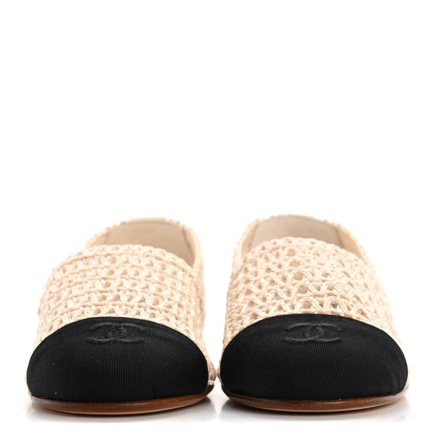 Chanel Knit Grosgrain Cap Toe CC Moccasin Loafers 35.5 Ivory Black