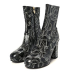 Chanel Calfskin Camellia Printed Ankle Boots 39 Black White