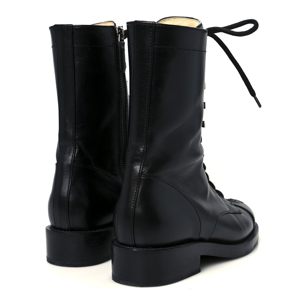 Chanel Calfskin Lace Up Combat Boots 38 Black