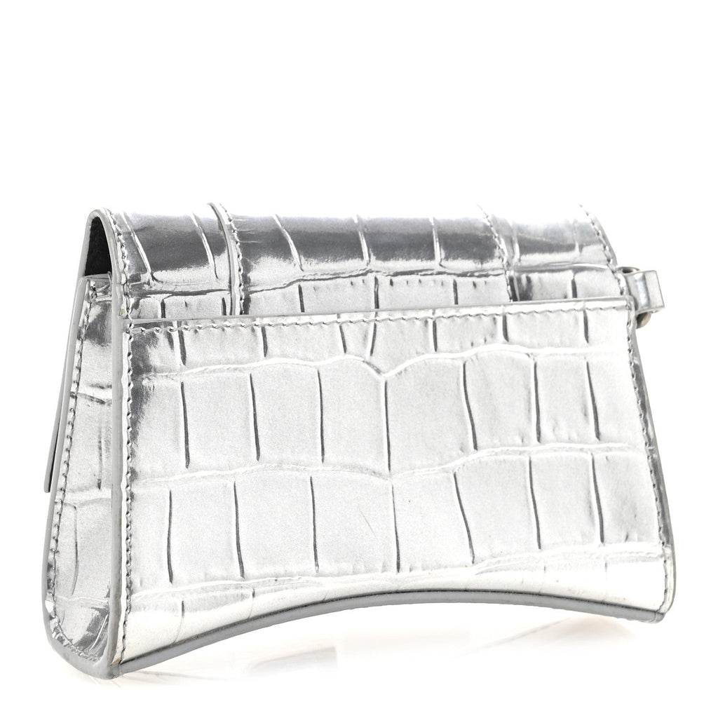 Balenciaga Metallic Calfskin Crocodile Embossed Hourglass Chain Cardholder Silver